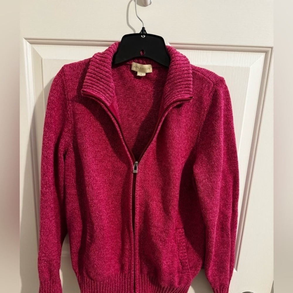 Appleseed's Full Zip Knit Sweater Cotton Cardigan Jacket Pockets Pink Large